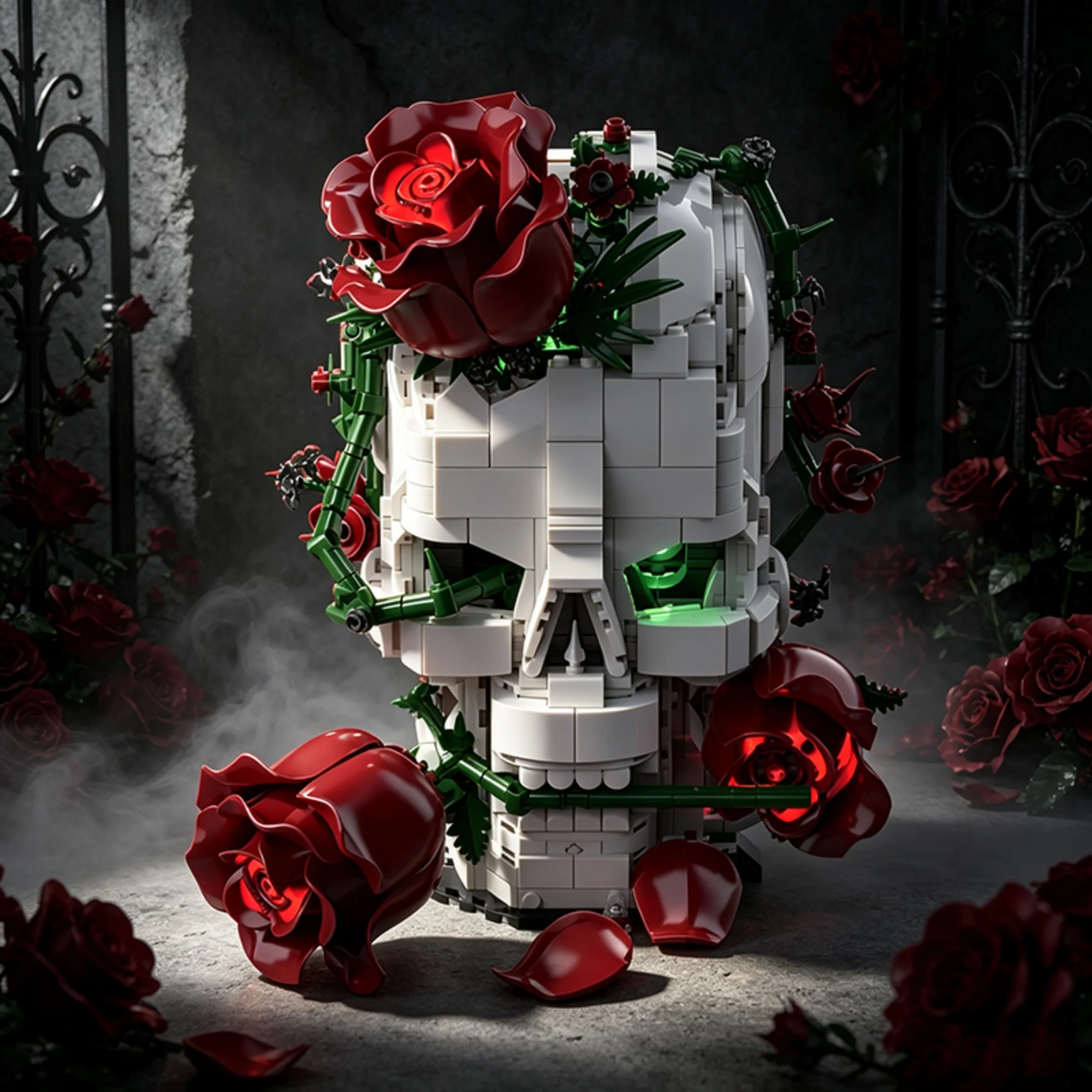 1138pcs Skull Flowers Decoration Building Blocks Horror Gothic Skeleton Red Roses Desktop Ornament Bricks Toys for Adults Gifts