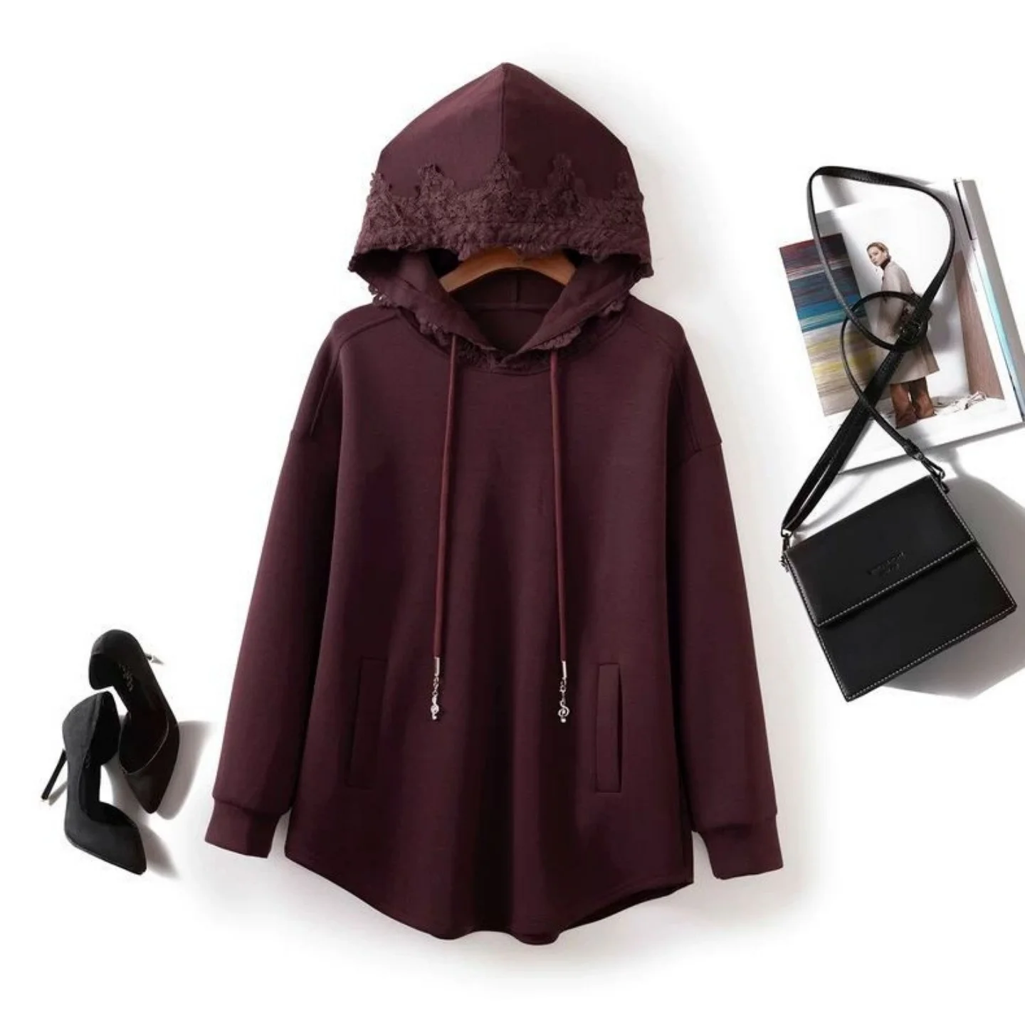 

Lace Edge Hooded Sweatshirt Loose Solid Color Versatile Long Sleeved Jacket Top European American Style Women's Pullover