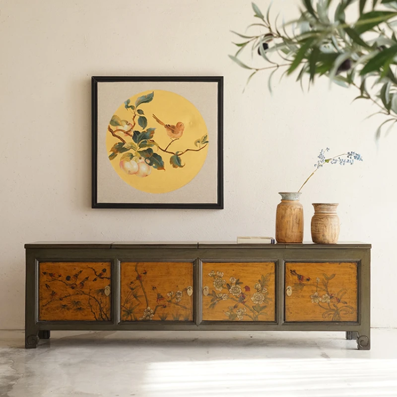 

Solid Wood New Chinese Hand-Painted Ming and Qing Retro Living Room Flower and Bird Storage Small Apartment TV Cabinet