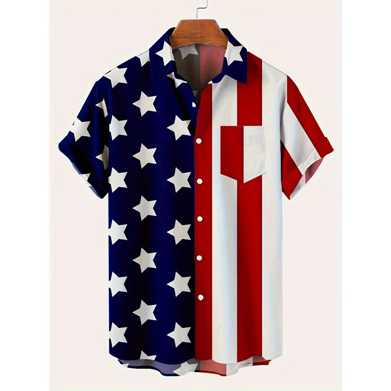 

Men's flag print shirt with chest pocket, casual breathable lapel button up short sleeve shirt for summer outdoor activities