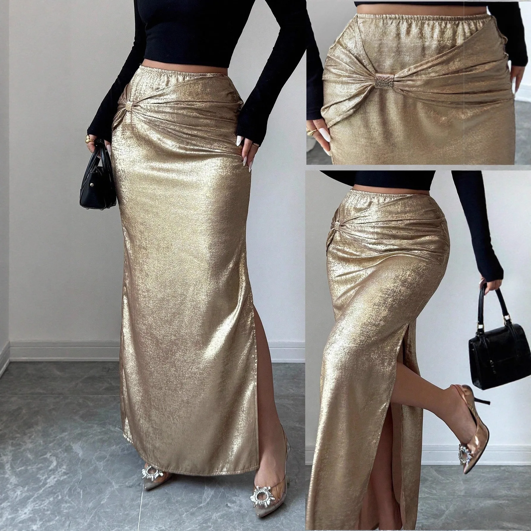 

European and American Style Autumn/winter New Metallic Pleated Bodycon Skirt with Slit Design