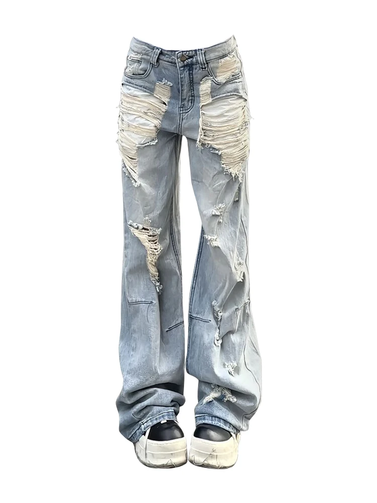 

Американские джинсы в стиле ретро с дырками, женские летние джинсы High Street, прямые свободные тонкие широкие брюки, повседневные потертые брюки на молнии...