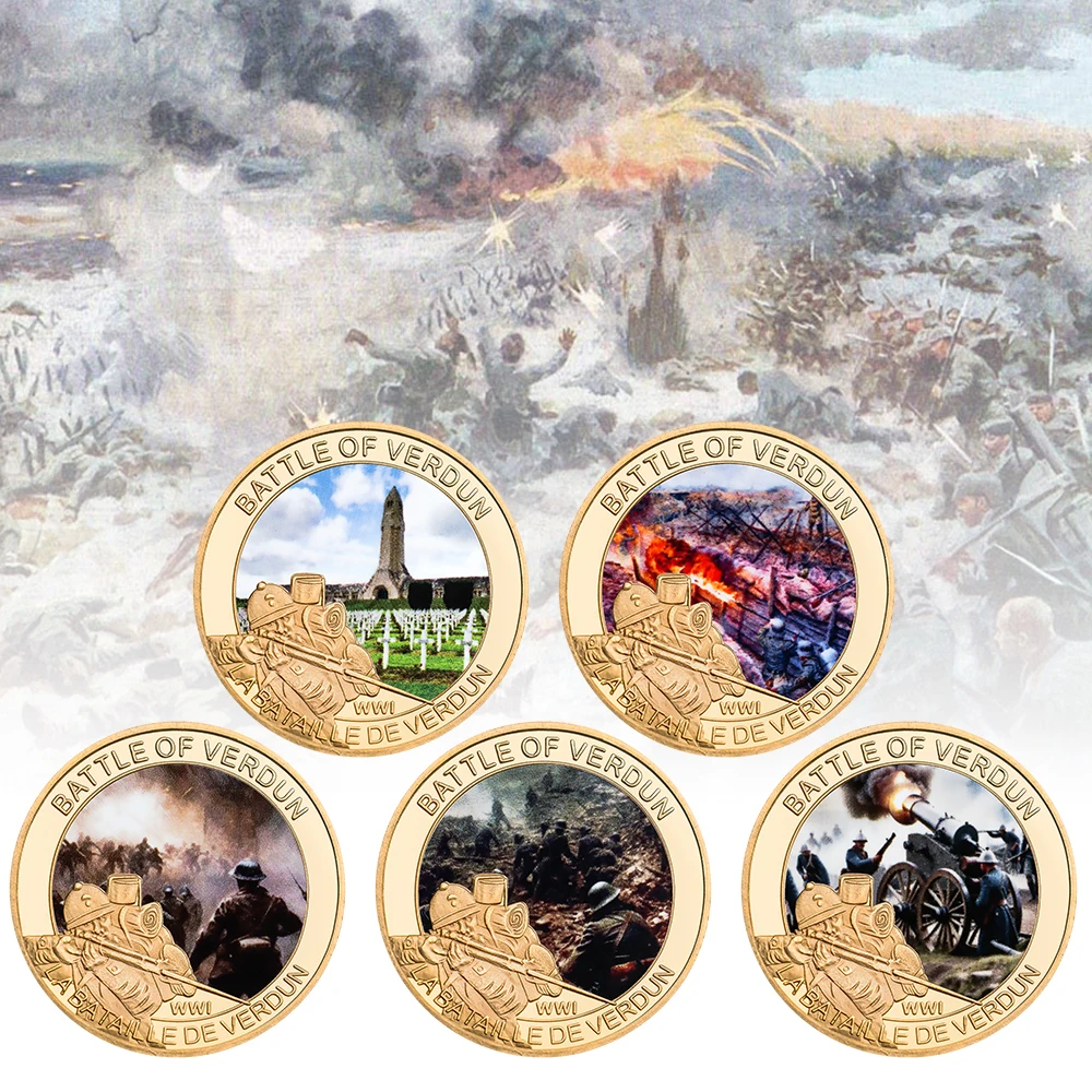 5Pcs WWI Battle of Verdun Commemorative Coin Set Gold Plated Color Printed Military History Challenge Coins for Military Fans