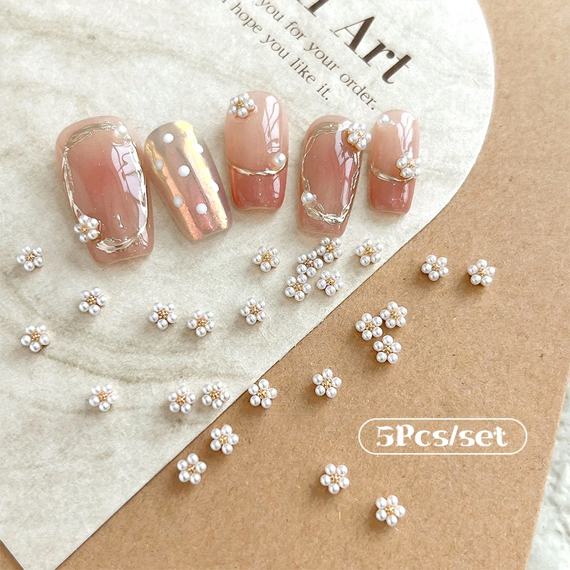 5Pcs DIY Nail Art Decor 3D Five-petal White Pearls Flower Nail Drills Pearl Flowers Manicure Diamond Manicure Nail Art Design