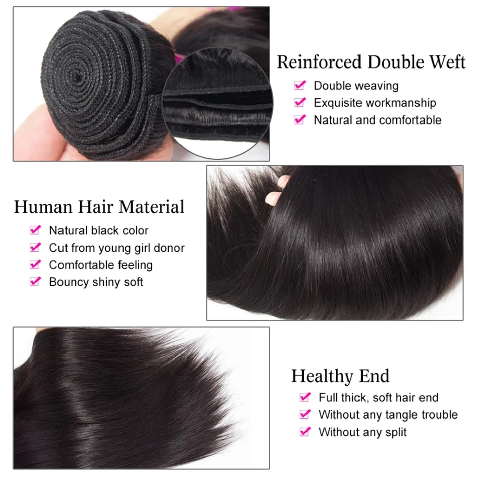 Extensiones de cabello humano liso, mechones de cabello crudo 100% cabello humano brasileño Remy, mechones de doble trama, extensión de cabello de 1/3/4 Uds.