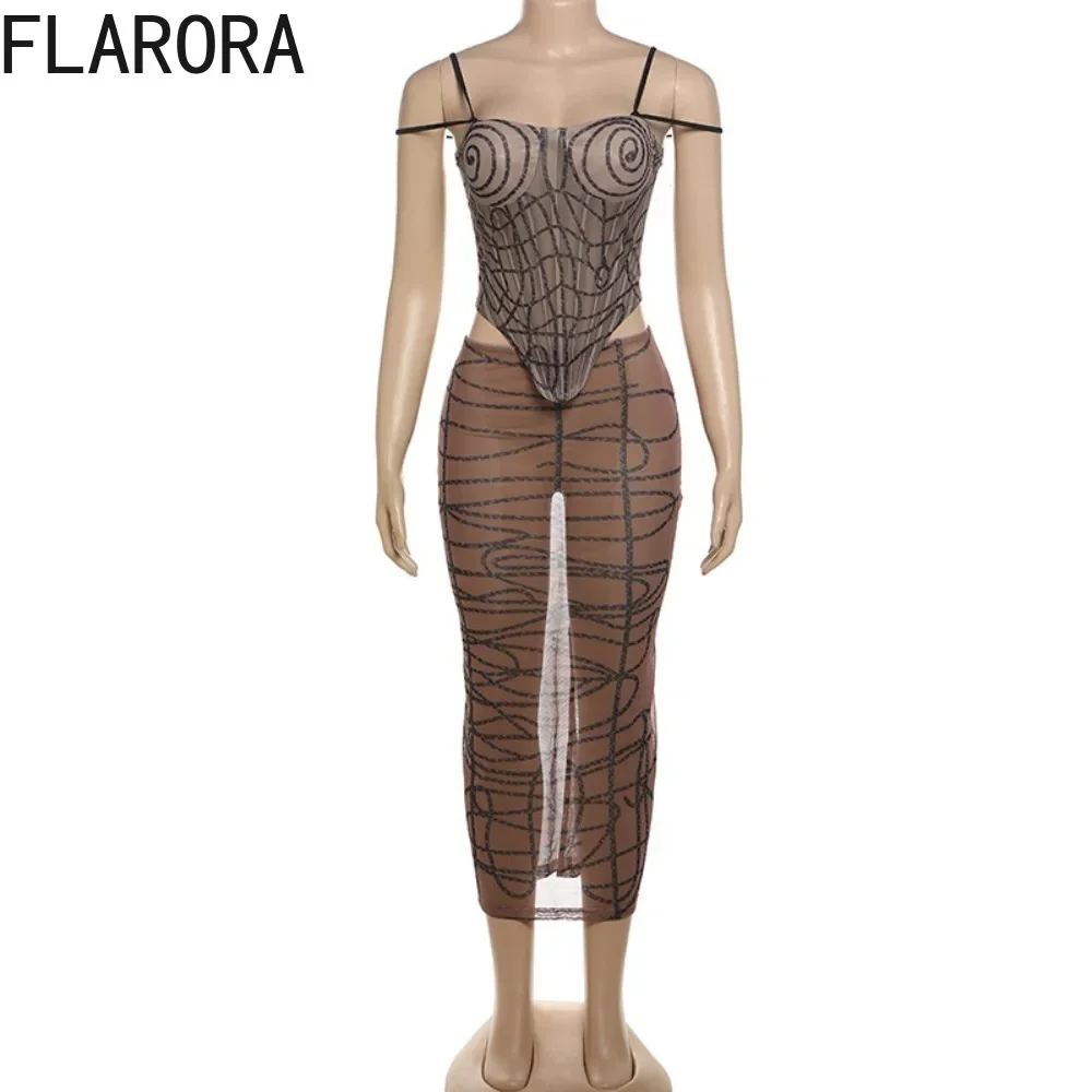 FLARORA Brown Sexy Mesh Perspective Skinky Skirts Two Piece Sets Woman Thin Strap Tops and Skirts Midnight Clubwear Party Suits