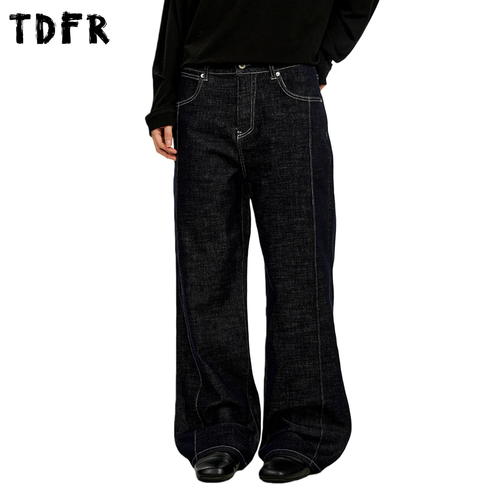 

Сращенные необработанные джинсовые брюки, мужские повседневные прямые мешковатые джинсы с широкими карманами в стиле ретро, мужские джинсы