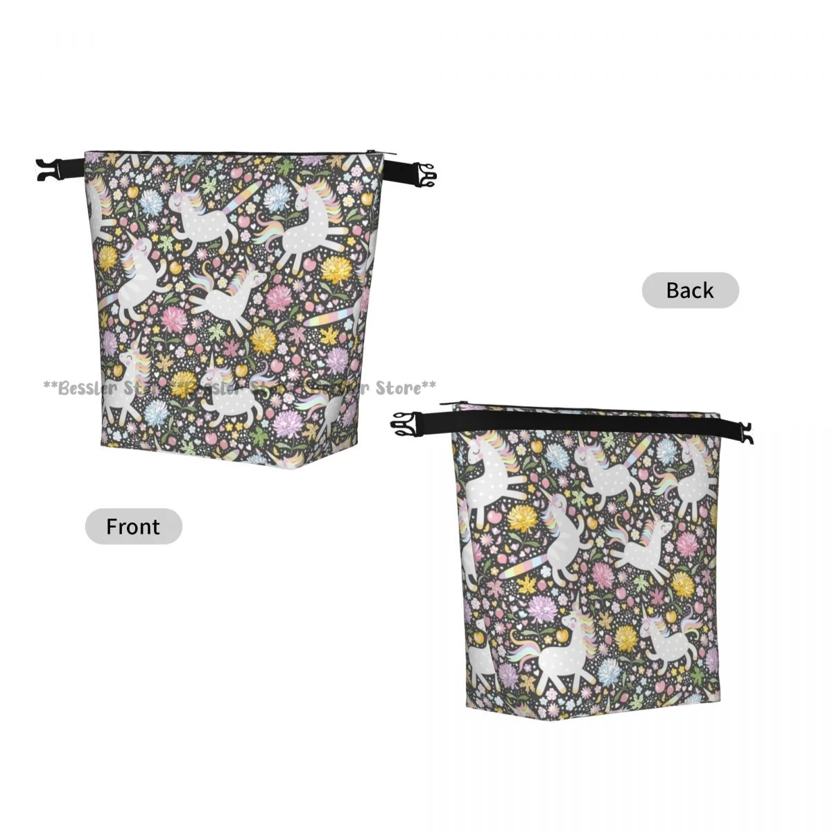 Foldable Roll-Top Thermal Lunch Bag Cute Unicorns And Flowers Magic Background Insulation Lunch Box Carrier for Picnic Hiking