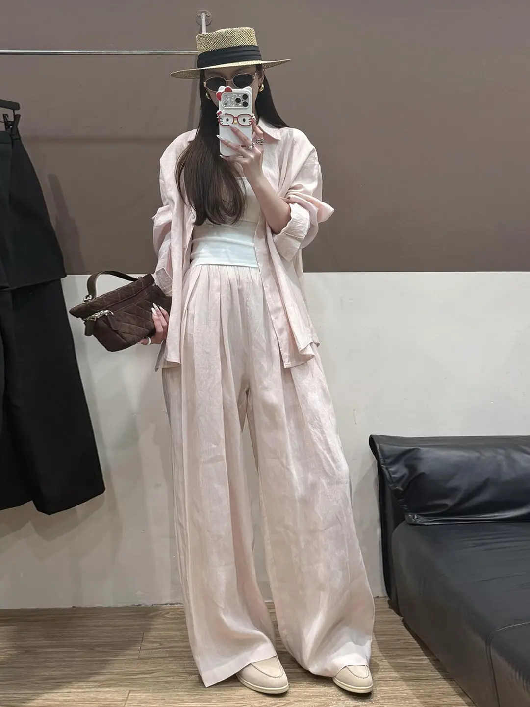 Fashionable Pink Long Sleeve Shirt Women's Casual Wide Leg Pants Set 2026 Year Style High Waist Button up Spring Outfit