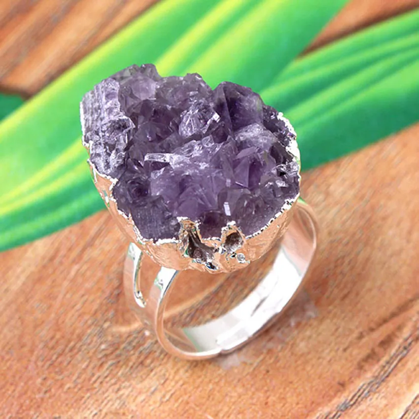 Natural Healing Crystal Quartz Reiki Rings Raw Irregular Amethyst Cluster Geode Druzy Adjustable Stone Finger Ring Jewelry