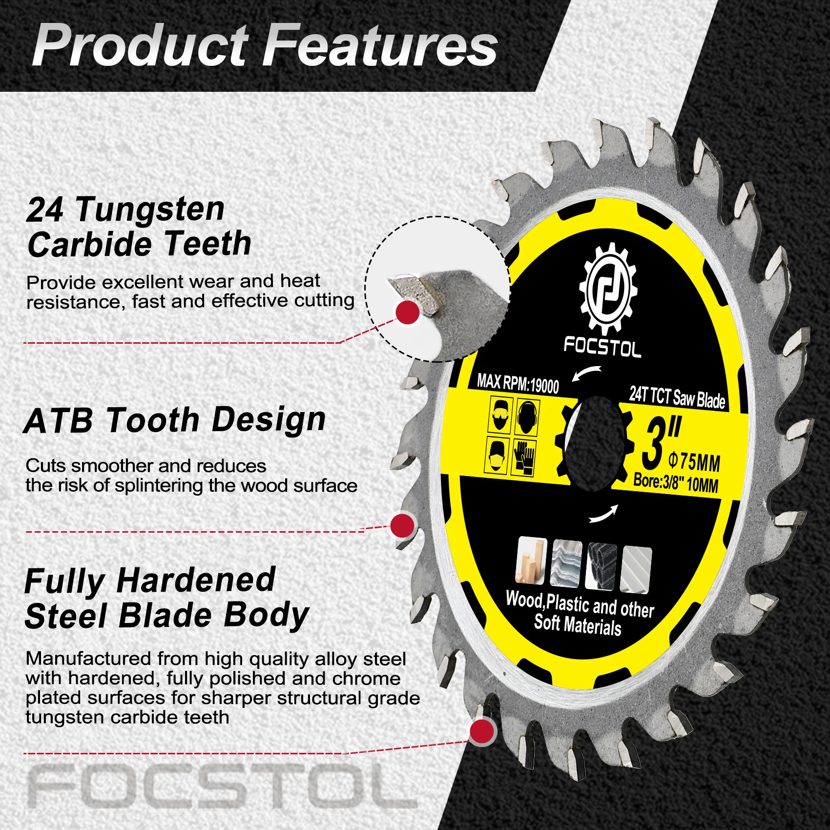FOCSTOL TCT Cutting Disc Diameter 75mm Mini Saw Wood Working Saw Blades Plastics Saw Blade Wood Composites Cutting Disc