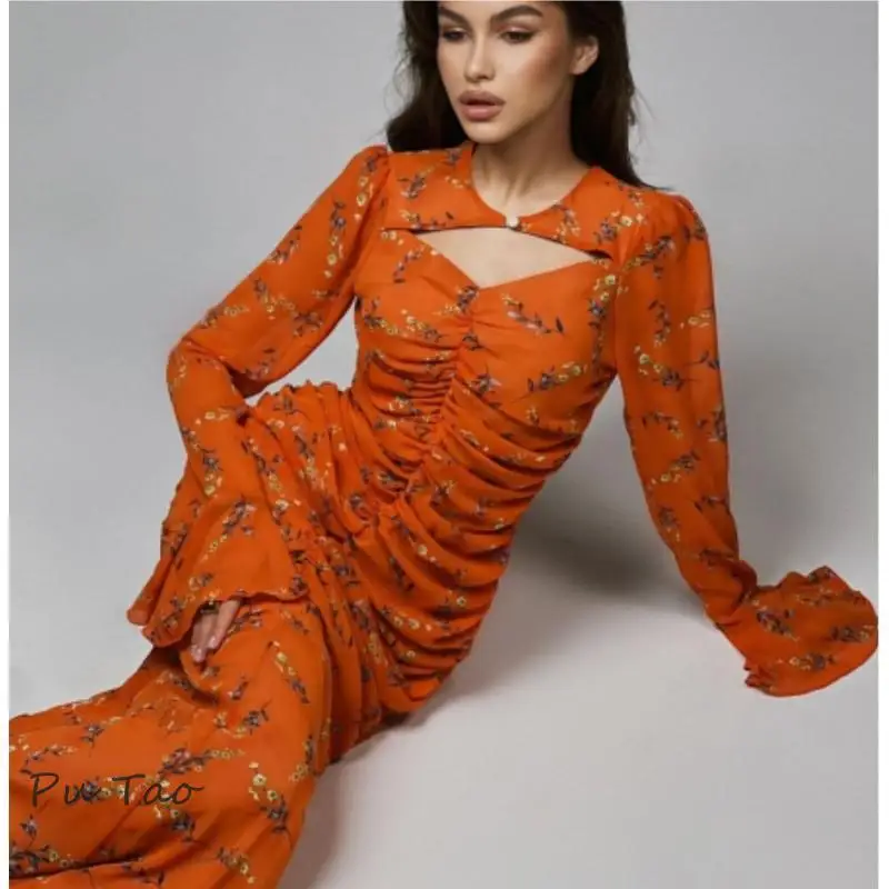 PuTao Fashion Slim Print Women's Holiday Dress Sexy O-Neck Long Sleeve Ankle Length Beach Dresses Elegant Ruched Evening Dress