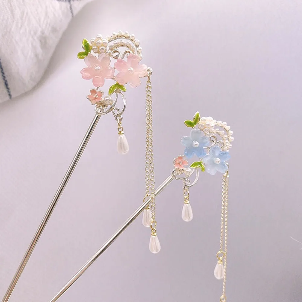 1피스 중국식 헤어 스틱: 핑크색 수지 꽃, 진주 및 술, Hanfu, 전통 행사에 적합