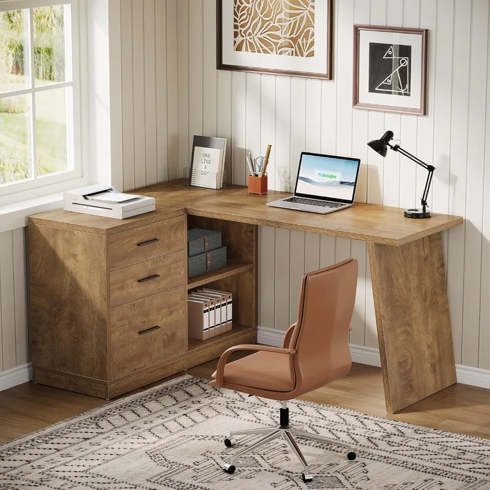 

55 inch L-shaped computer desk with 3 drawers, corner home desk with storage rack, farmhouse wooden administrative desk