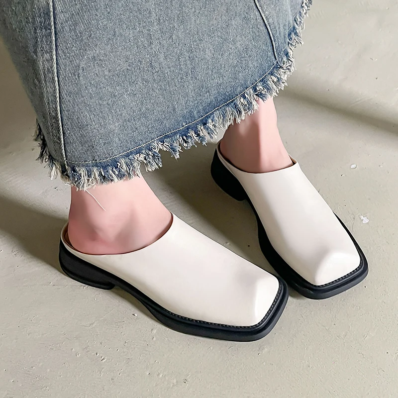 2024 Spring Summer Women Pumps Thick Heels Square Toe Slippers Genuine Leather Concise Casual Shoes Woman Mules New Arrival