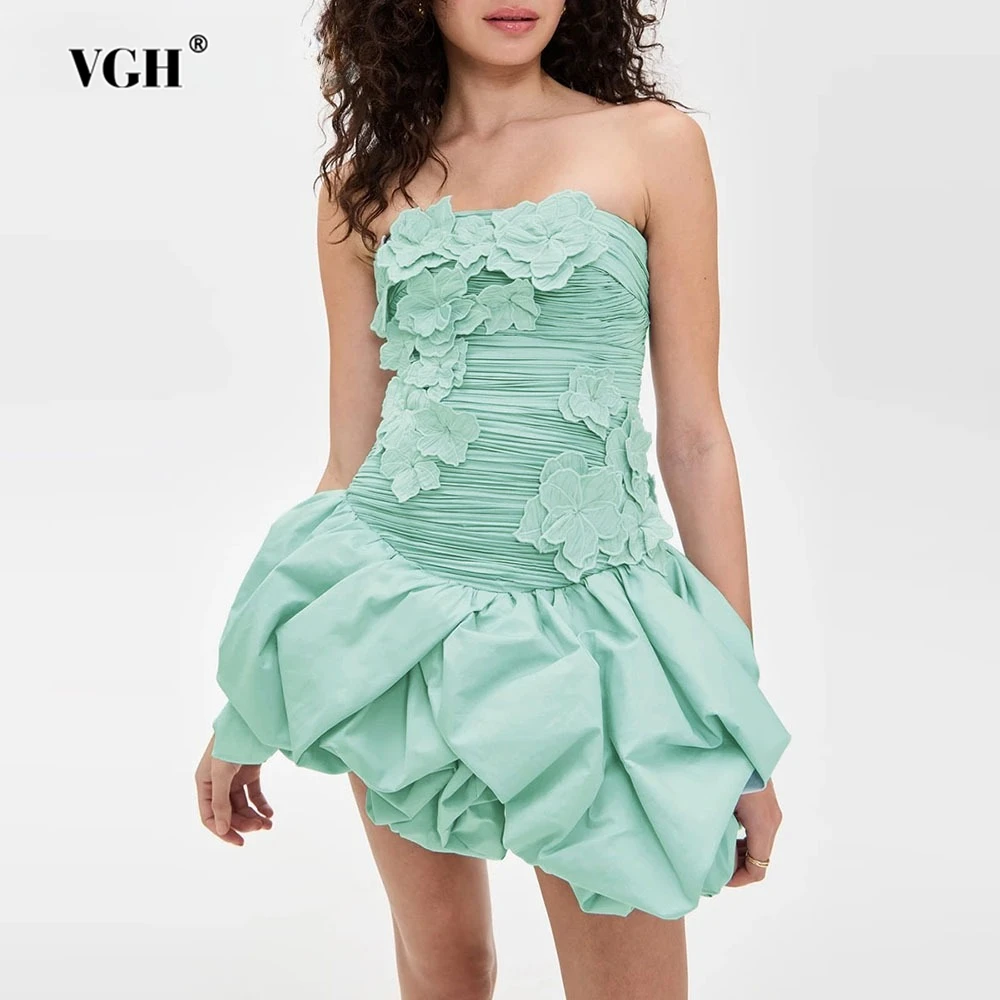 

VGH Solid Spliced Appliques Mini Dresses For Women Strapless Sleeveless Backless High Waiat Temperament Folds Dress Female New