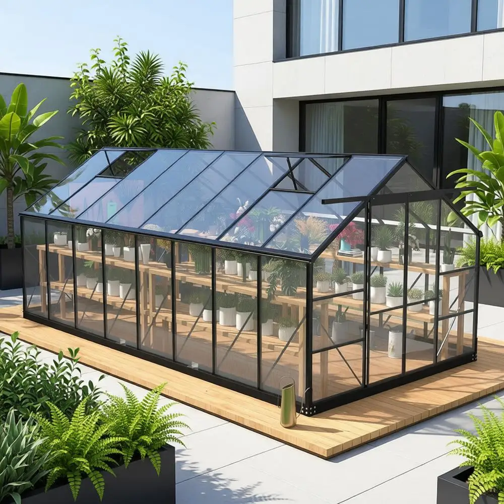 

8x16ft Walk-in Greenhouse with Adjustable Roof Vents for Outdoor Gardening