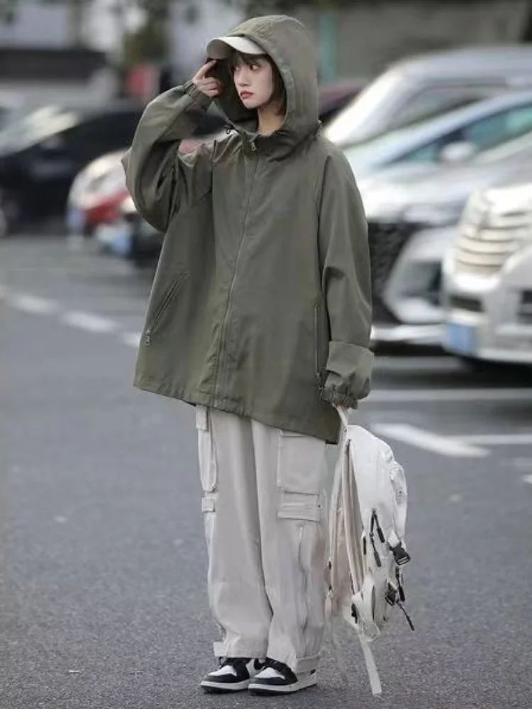 Hooded Jackets Women Loose Safari Style Unisex Boyfriend Spring Coats Couple Cool Students Streetwear Sporty Leisure American