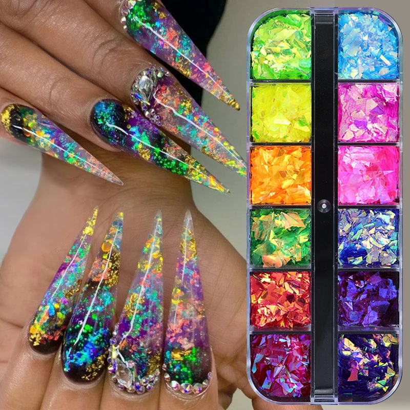 12 griglie colorate Aurora Nail Glitter Flakes Super Sparkling irregolare cristallo paillettes polvere Charms decorazione per unghie