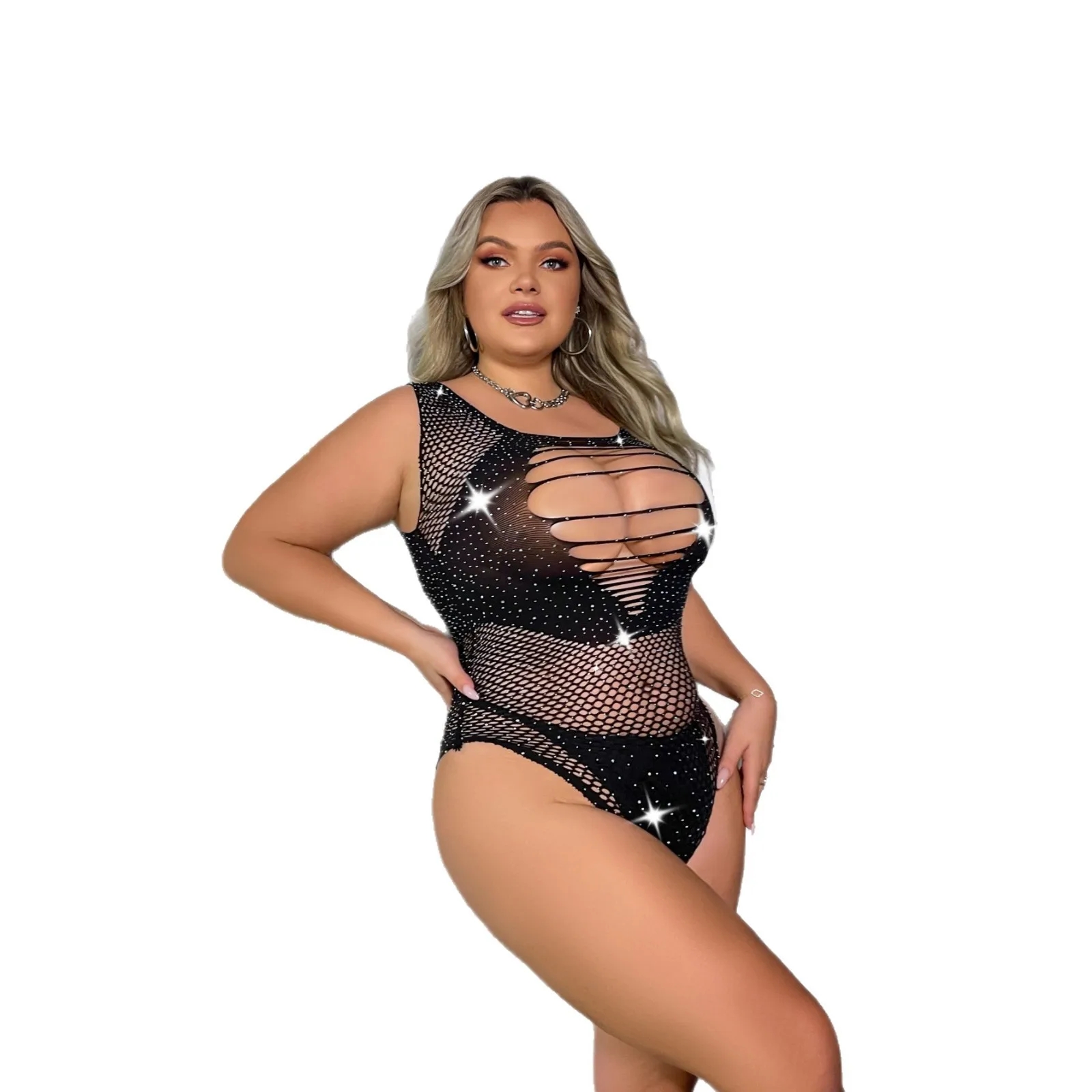 Sexy Rhinestone Fishnet Bodysuit Women Sleeveless Cutout Crotchless Plus Size See Through High Cut Clubwear Party Lingerie