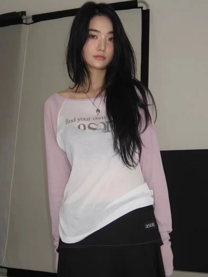 

Корейская футболка с буквенным принтом Long Sve, женский облегающий топ, осеннее новое поступление, Dongdaemun Xu Mengjie Faionable Stree...