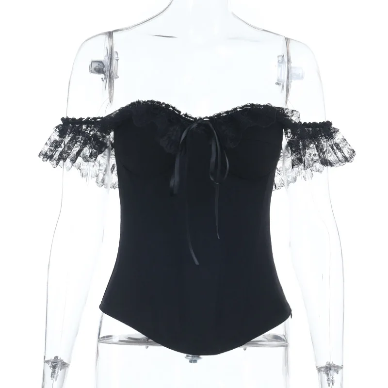 Goth Dark Streetwear Hot Sweet Lace Patchwork Straps Corset Tops Mall Gothic Lace-up Zip Skinny Tank Top for Women Y2K Blouses