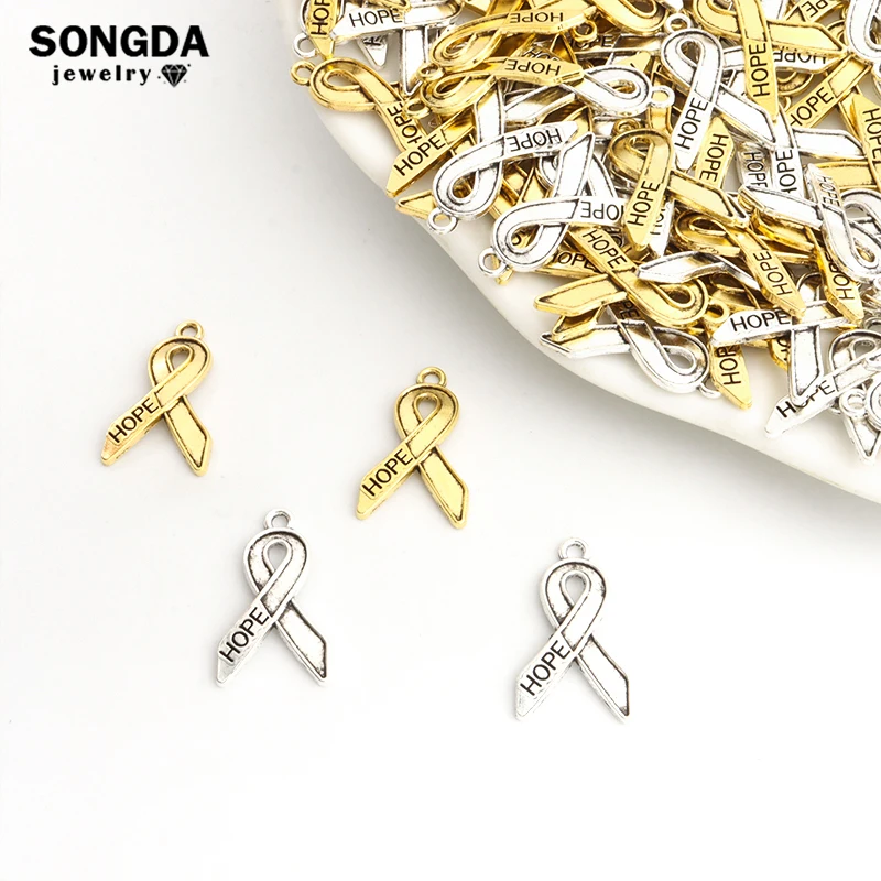 20Pcs Hope Breast Cancer Awareness Ribbons Charms Antique Gold/Silver Color Alloy Pendants DIY Bracelets Necklace Making Jewelry