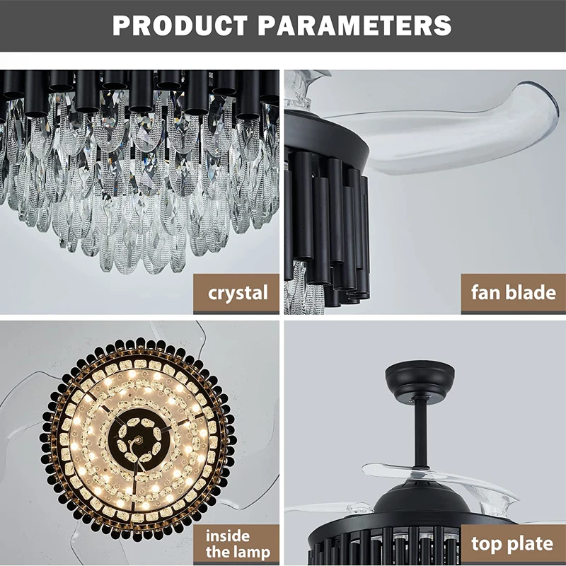 42 Inch Dimmable Ceiling Fan with Lights Remote, Invisible Blades Crystal Fandelier Retractable Control Ceiling Fan Chandelier