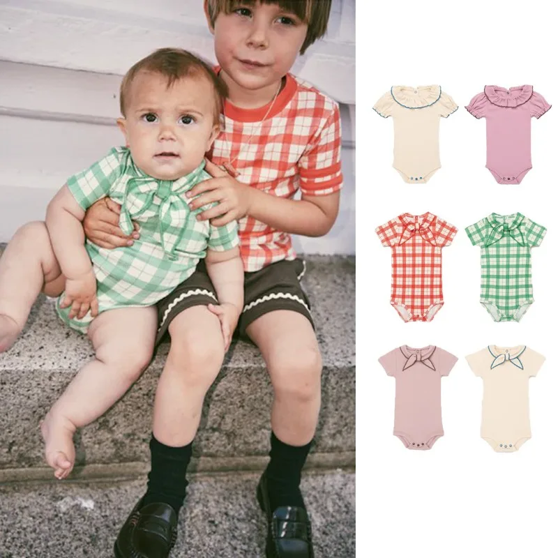 OUYANG&IVAN Baby Romper Onesie 25 Summer Nordic Lace Lace Plaid Short Climbing Suit Baby Comfort Top Boy Girl Clothes