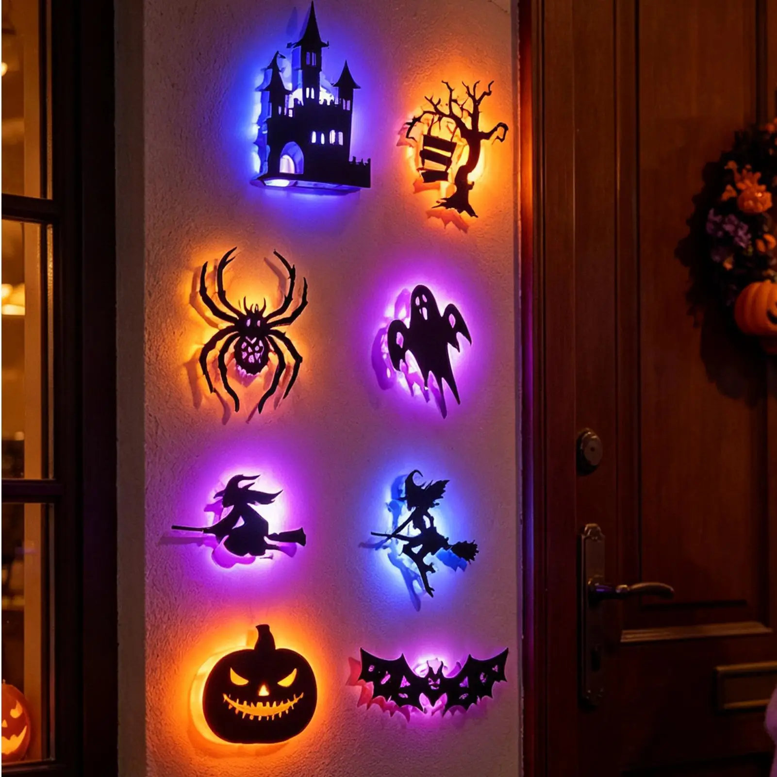 8PCS Halloween LED Glowing Window Wall Decals Light Up Spider Ghost Pumpkin Witch Bat Stickers Spooky Battery-Powered Decor