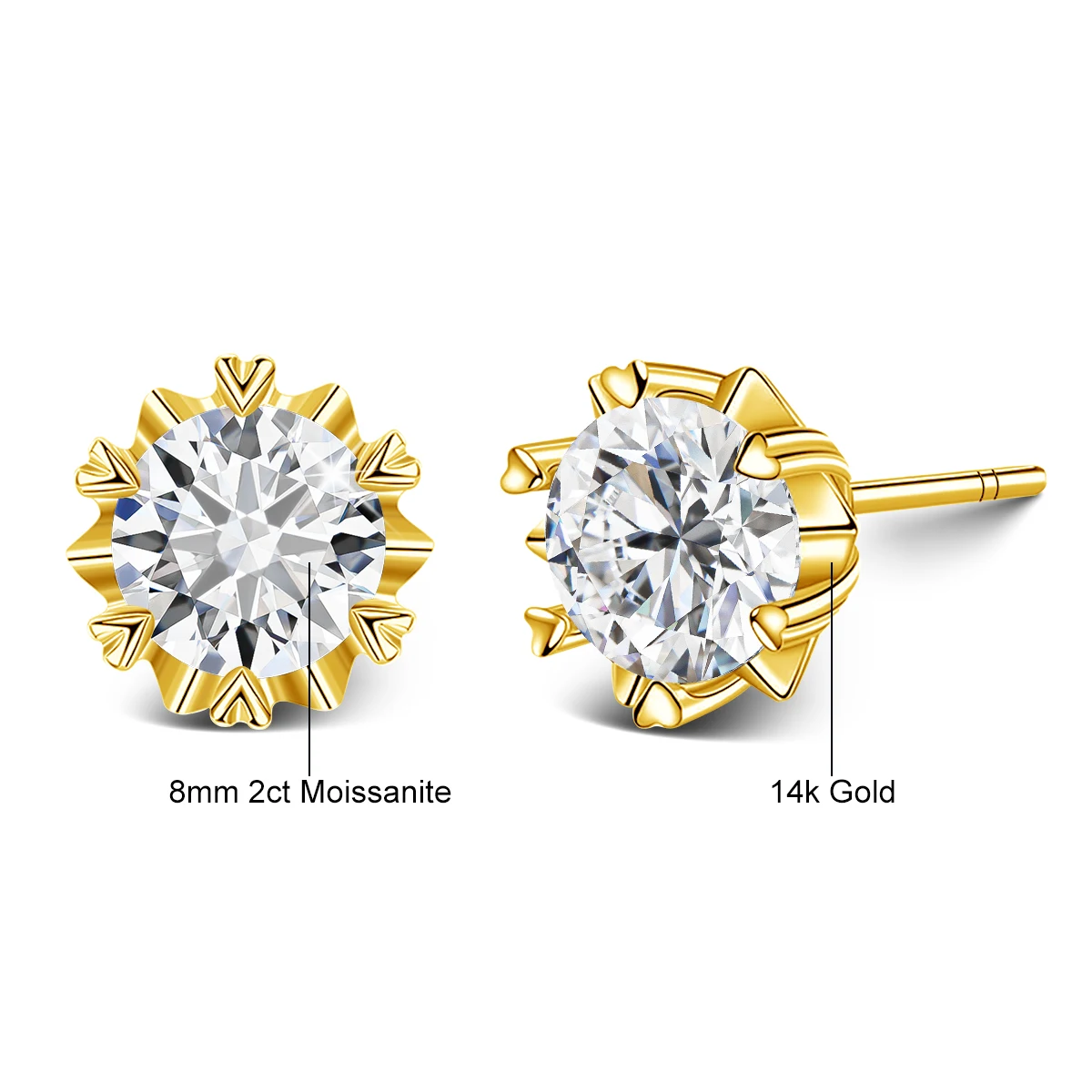 Szjinao 2 Carat 8.0mm 100% Real 14k Gold Moissanite Stud Earrings For Woman Sparkling Diamond Wedding Luxury K Gold Jewelry Sale