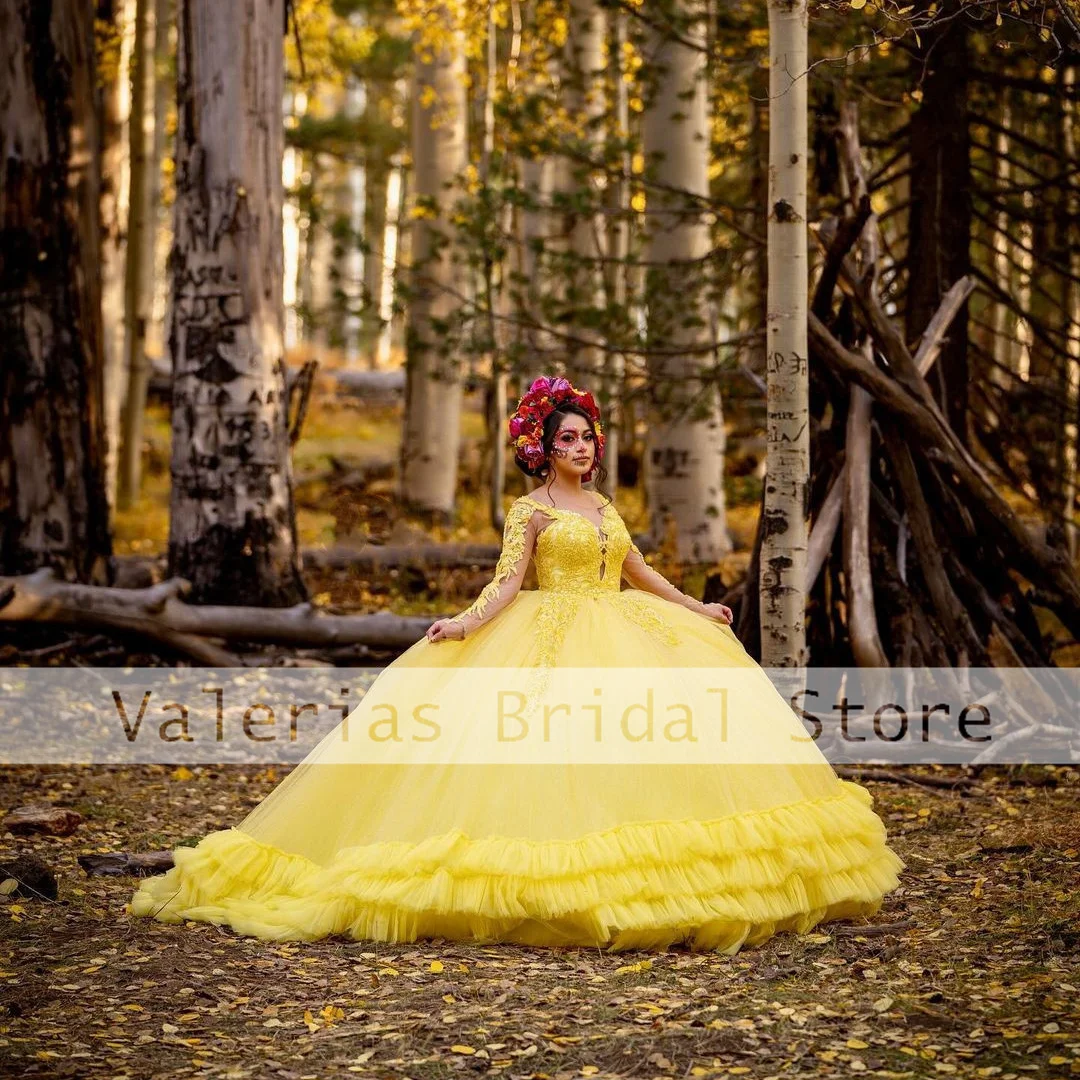 Vestido de baile amarelo com babados, Vestidos Quinceanera, Camadas, Sweet 16, Festa de Aniversário, Vestido de Formatura, Apliques, Robe de Soiree