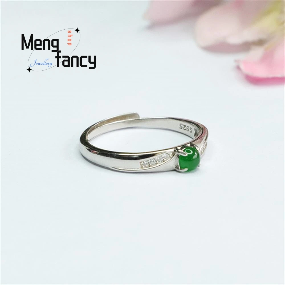 S925 Silver Inlaid Natural Jadeite Ice Type Imperial Green Finger Ring Exquisite Elegant Charm High-grade Couple Fashion Jewelry