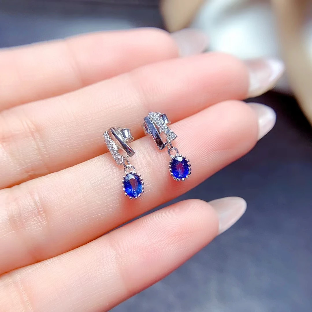 Royal Blue Natural Sapphire Stud Earrings Antiallergic 3 Layers 18K Gold Plating 925 Silver Sapphire Earrings Gift for Woman