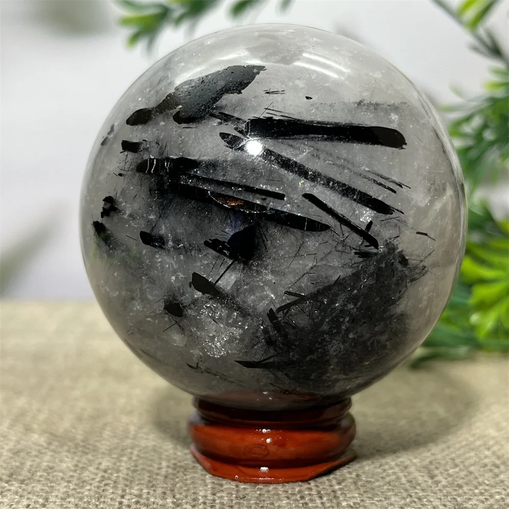 

Crystal Natural Black Tourmaline Hair Sphere Ball Stone Quartz Reiki High Quality Healing Stones Decoration Mineral+Stand