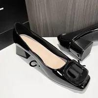 Women's Square Toe Chunky Heel Single Shoes Spring Autumn French Style Buckle Nude Color Elegant Low Cut Patent Leather High Hee