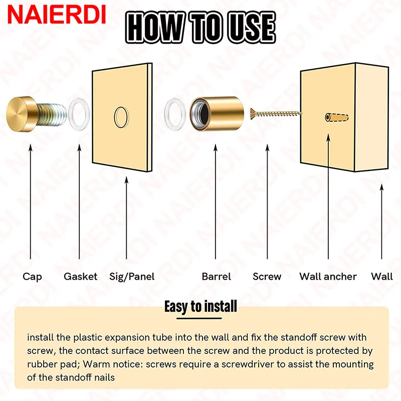 NAIERDI 20 Pack Stainless Steel Standoff Screws Black Gold Wall Sign Standoff Advertising Nails for Office School Acrylic Frame