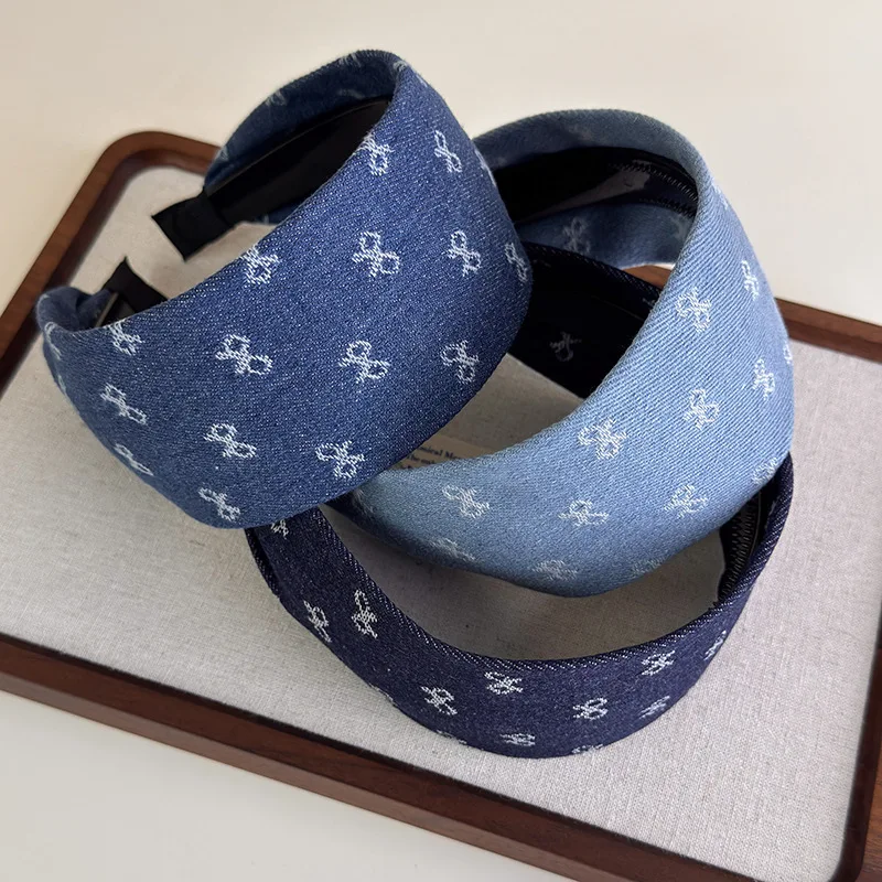 

Fashion Denim Blue Headbands Bow Printed Fabric Wide Edged Hair Hoop For Womans Girls Sweet Versatile Hair Band Retro Headdress