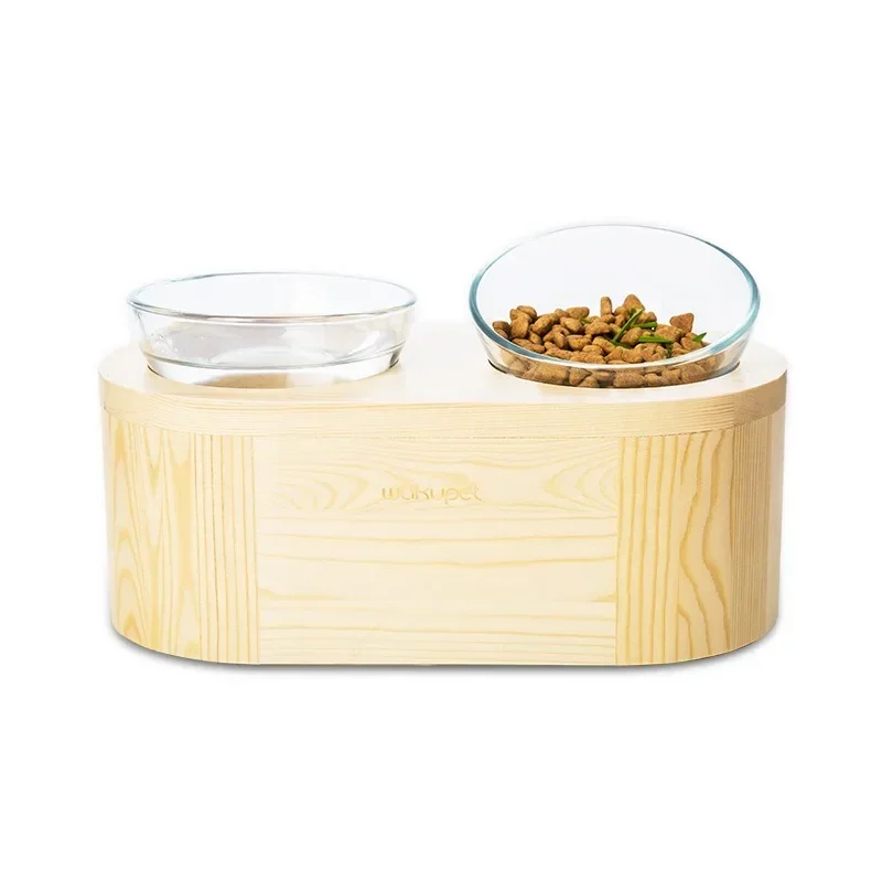 

Cat food basin double bowl glass bowl tilted pet cat solid wood cat bowl rack dining table