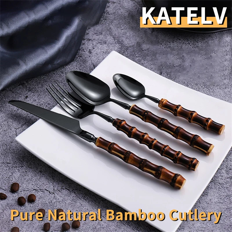 Black Bamboo Handle Cutlery Set Stainless Steel Natural Bamboo Tableware Set Knife Fork Spoon Flatware Set Bamboo Dinnerware Set