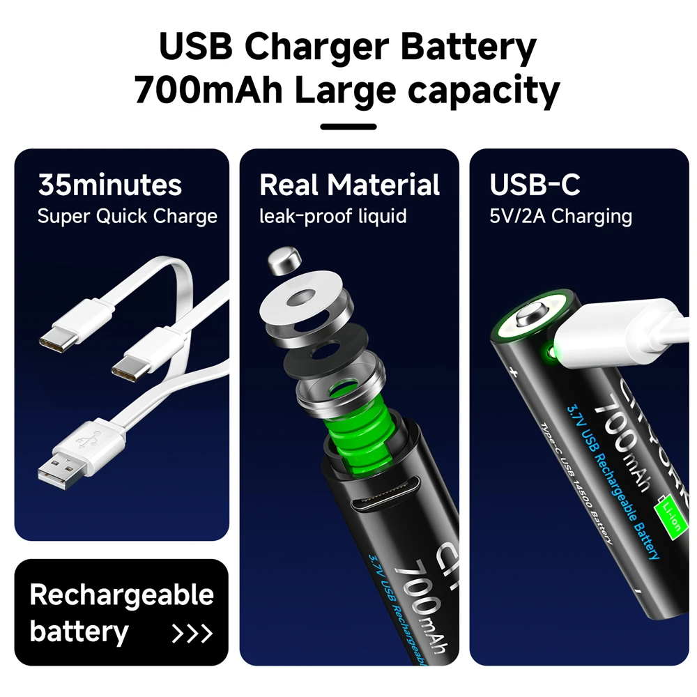 14500 AA USB Battery Rechargeable 3.7V 700mAh Finger Battery with Type-C Fast Charge Port for Led Flashlight Toys Mouse Headlamp