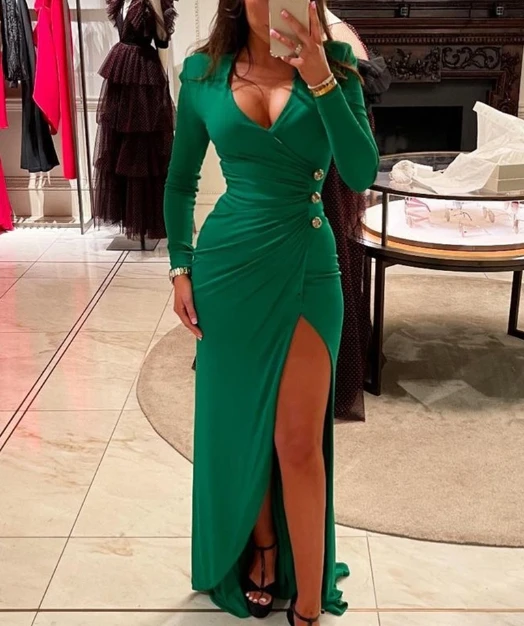 

Women's fashionable dress summer new V-neck pleated long skirt sexy slim fit hip hugging dress elegant women's dress