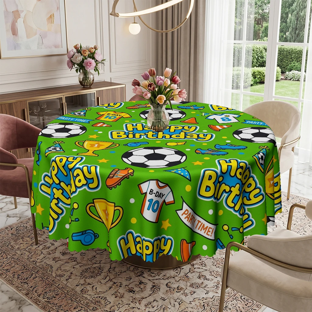 Kids Outdoor Dining Table - ผ้าปูโต๊ะทรงกลมลายฟุตบอลสำหรับงานวันเกิดเด็ก, ผ้าคลุมโต๊ะธีมกีฬาฟุตบอลสีเขียวสำหรับงานวันเกิดเด็กชายเด็กหญิง, ผ้าปูโต๊ะตกแต่งที่ซักได้สำหรับห้องรับประทานอาหาร ห้องเล่น งานเฉลิมฉลองในร่มและกลางแจ้ง