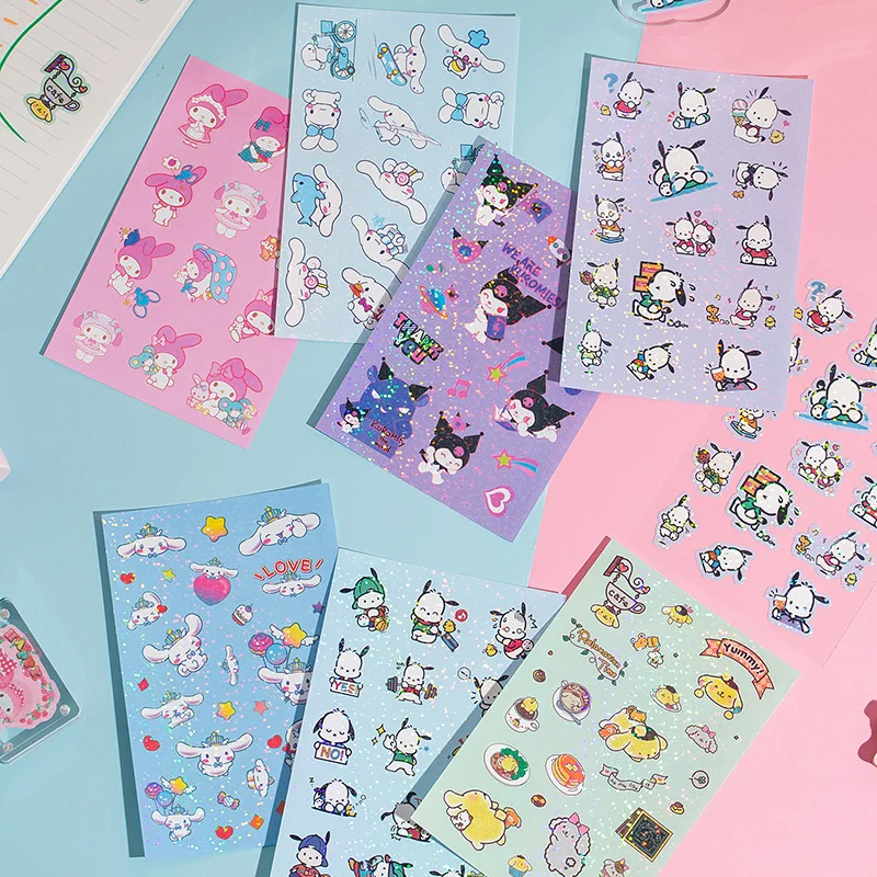 5pcs Sanrios Stickers Glitter Flash Anime Hello Kitty Kuromi My Melody Cinnamoroll Pochacco Diy Stationery Waterproof Decal Toys