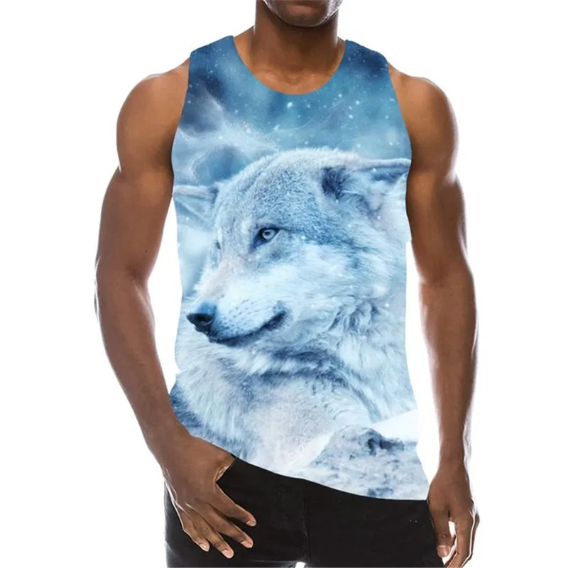 Animal Wolf Pattern Tanks Tops Sleeveless Round-Neck Street Style 3D Print Vest 6XL Plus Size Man Clothing Loose Casual Top