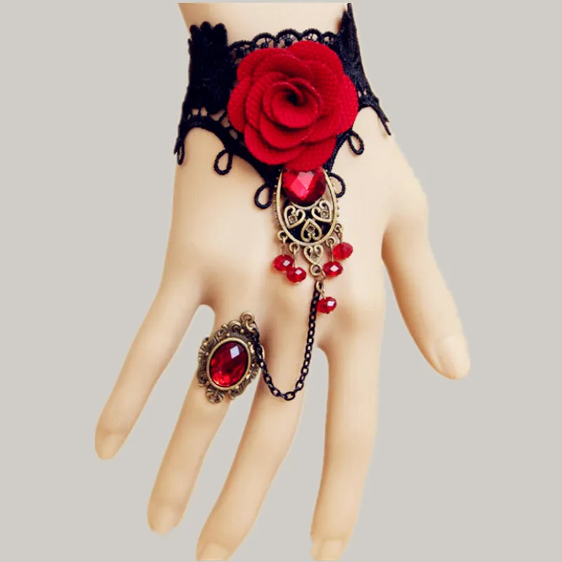 European and American fashion retro red rose lace bracelet ring integrated hand jewelry bracelet women