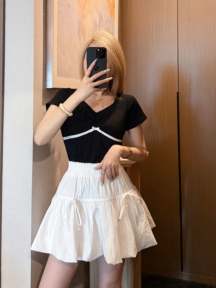 

Korean Sle Slim Fit ort Sve V-Ne T-irt Bla White Summer Pure Desire Waist Cinched oulder Width Regular Butterf...