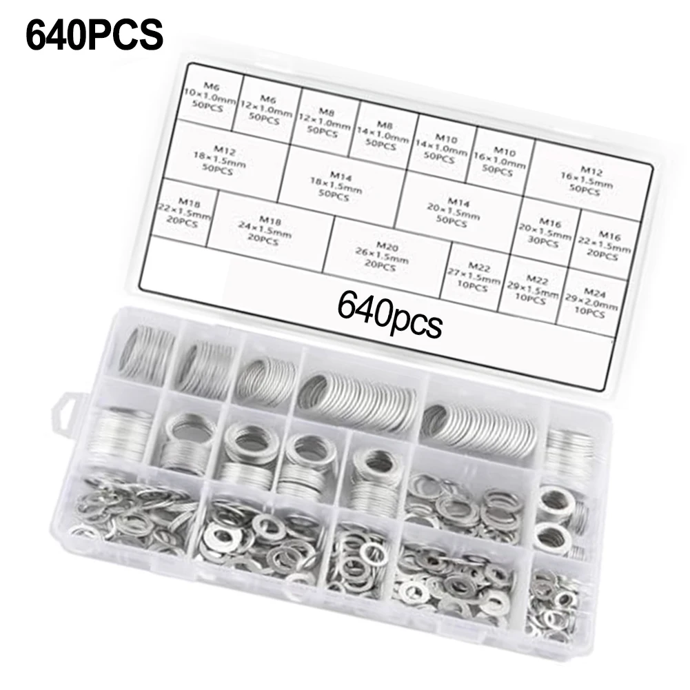 640 قطعة حلقة لإحكام الإغلاق من الألومنيوم تشكيلة متري M6 إلى تصميم مسطح مجموعة ختم استنزاف الزيت للسيارات والبحرية