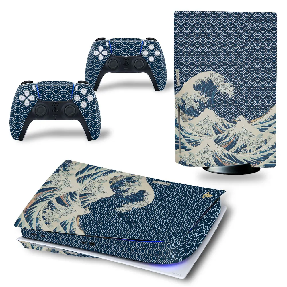 Skin Sticker for PS5 Disc Edition Console and 2 Controllers Protective Accessories Decal Cover for PS5 Disk Sea Waves Design