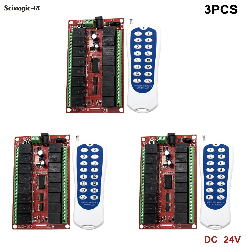 3PCS DC 12v / 24v 16ch Relay Module Remote Control 433 Board Receiver With 16 Channel Transmitter for Motor Light Lamp